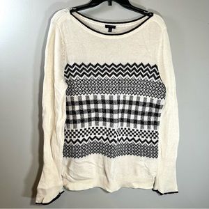 Talbots Wool Blend Sweater Cream/Black/Metallic Geometric Pattern Large